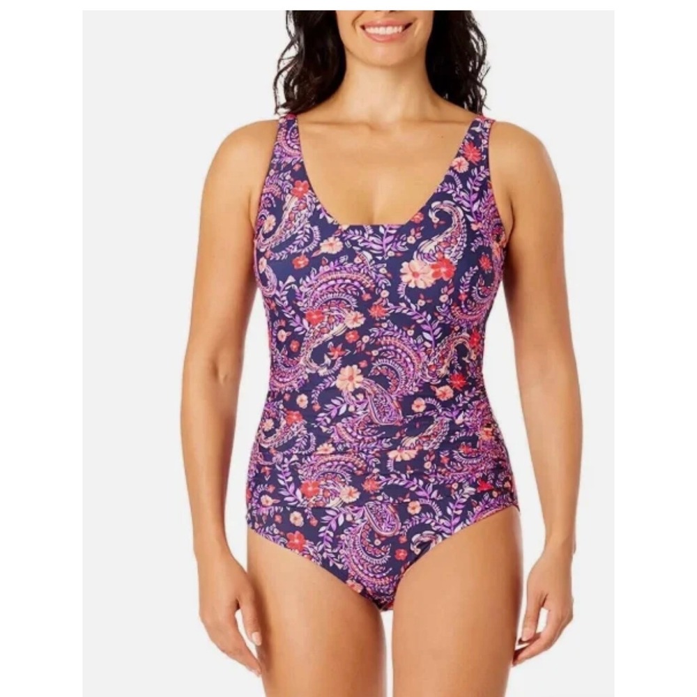 Lands End Womens One Piece Swimsuit Purple Paisley Floral UPF 50 XS